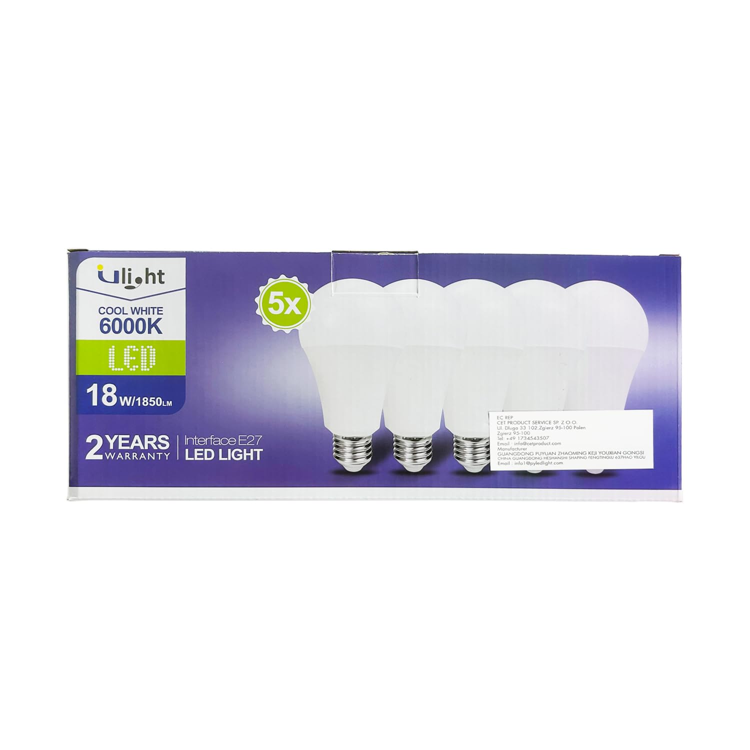 ULIGHT Lampadina LED A70 a Goccia da 18W, Equivalente Incandescente da 150W, Luce Fredda 6000K, 1850lm, Fascio Luce 170°, 220-240V Attacco E27, Confezione da 5