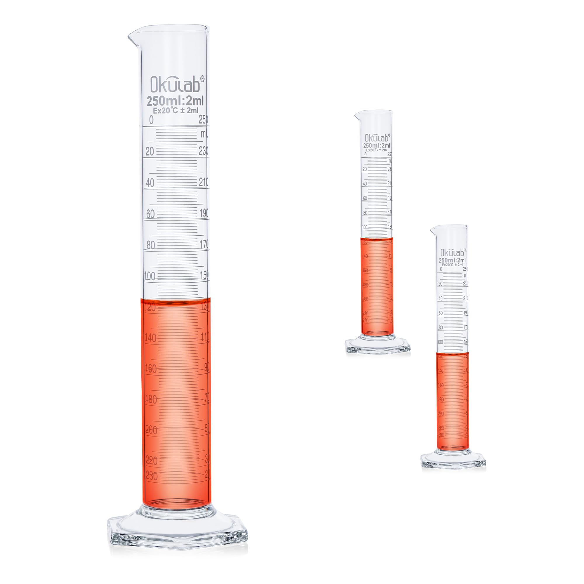 Cilindro graduato, 2 pezzi di Vol.250ml, Cilindro in vetro borosilicato 3.3, cilindri di laboratorio Cilindro di misurazione in vetro, MCG250A2