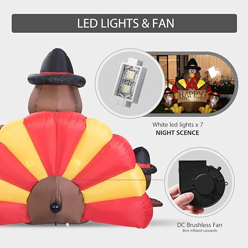 Miniatura 3 de VIVOHOME - Decoración de jardín inflable de 6 pies, figura de familia de pavos con iluminación LED para el día de Acción de Gracias