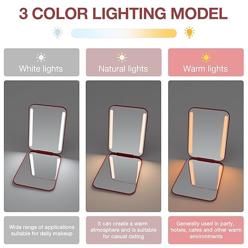 Miniatura 20 de Kintion Espejo de bolsillo recargable, espejo de tocador compacto de doble cara con aumento 1X/3X, 3 luces de color, regulable, pequeño espejo Cian