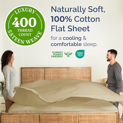 Miniatura 9 de Sábana encimera de 100 % algodón satinado de 400 hilos, suave, fresca y transpirable, sábana encimera blanca, solo una sábana encimera tamaño