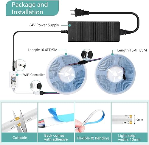 Miniatura 6 de INDARUN Tira de luz LED RGB COB de 32.0 pies32.8 ft (2 rollos de 16.4 pies), tira LED COB de 24 V de 0.394 in de ancho5760 LED, tira de luces LED