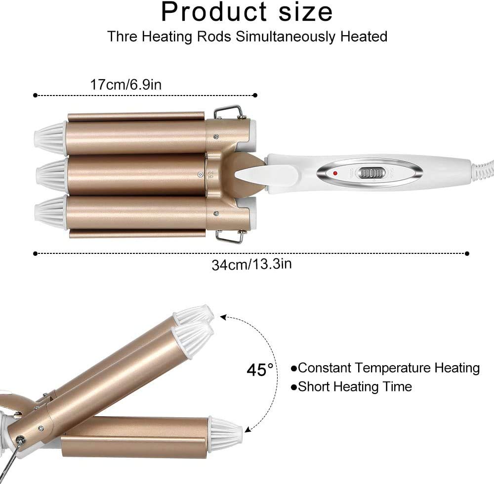 Rizador de pelo de 3 barriles, 22 mm de cerámica de calentamiento rápido Turmalina Varita rizadora Herramientas para peinar el cabello Waver Iron con guantes y pinzas para el cabello