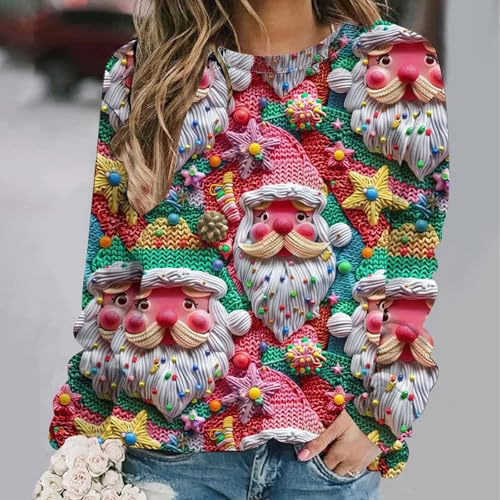Womens 3D Christmas Graphic Sweatshirts Trendy Crewneck Long Sleeve Pullover Casual Aesthetic Funny Xmas Holiday Tops4