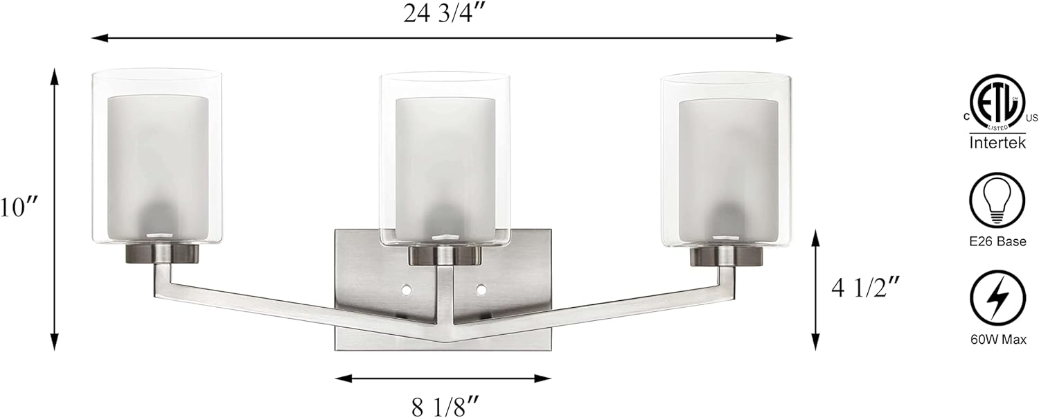 XiNBEi Lighting Brushed Nickel Bathroom Vanity Light, Modern 3-Light Bathroom Light Fixture with Dual Glass Shade Iron Wall Sconce Lighting Over Mirror XB-W1294-3-BN