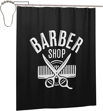 Barber Shop Bathroom Fabric Shower Curtain with 12 Buckles and Hooks, Washable, Waterproof, 60x72 Inches