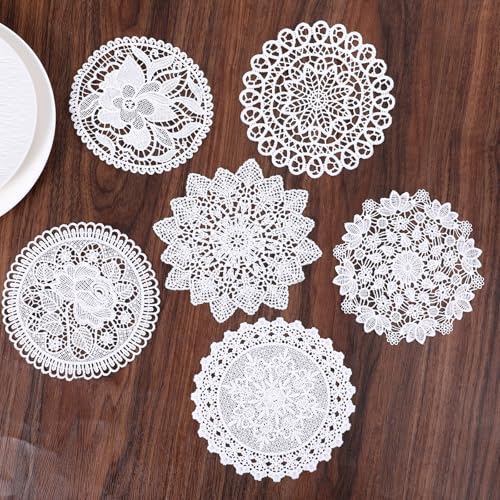 6 PCS White Vintage Cotton Lace Doilies for Tables, Round Lace Table Runner Handmade Crochet Placemats Doilies for Furniture Kitchen Dining Room Dessert Trays Wedding Birthday Party Decoration