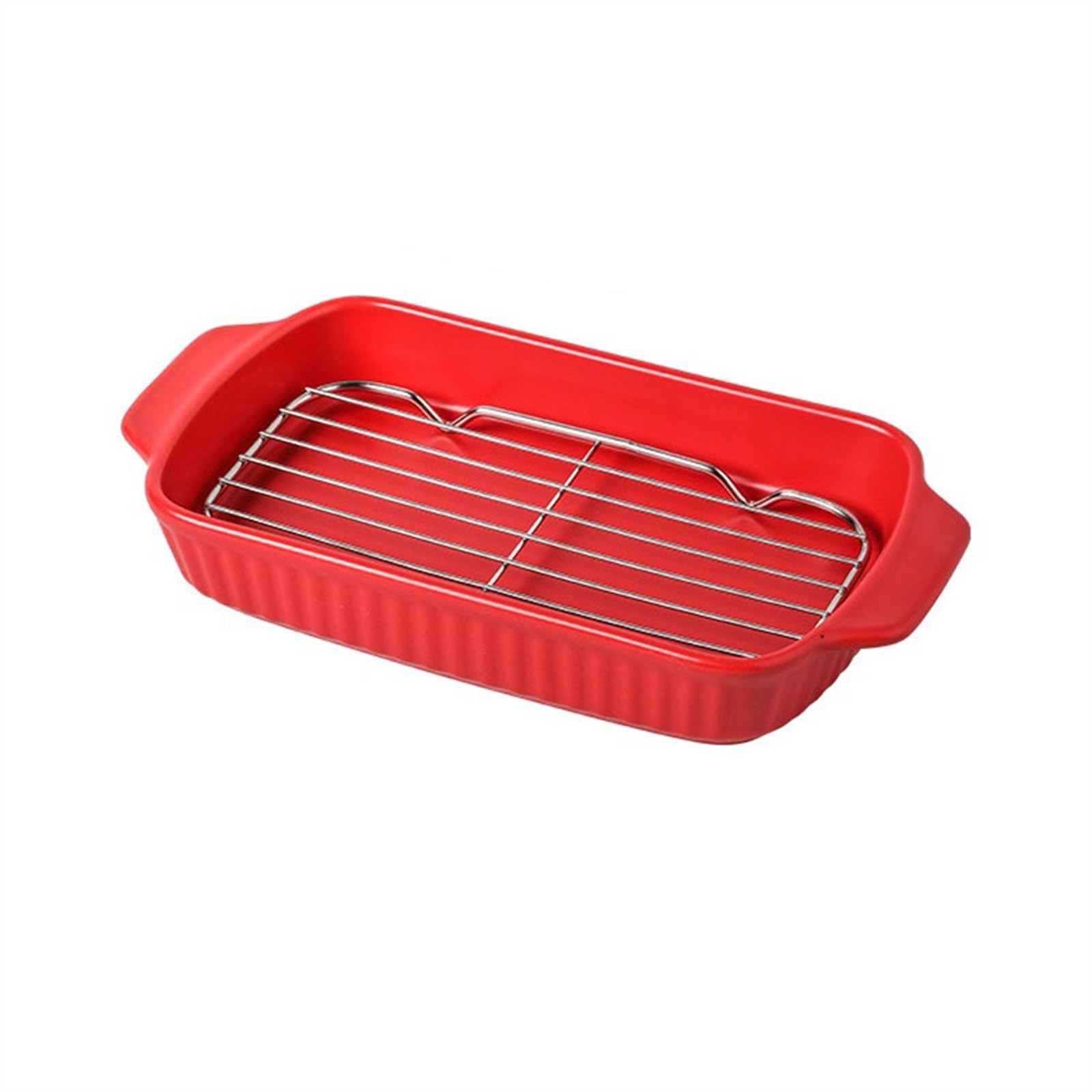 Plats à gratin pour four Poêle à gril en céramique domestique avec filet de vidange d'huile, cuisson à Double oreille, poêle à riz cuit à haute valeur, peut être four à vapeur Plat de cuisson(Red)