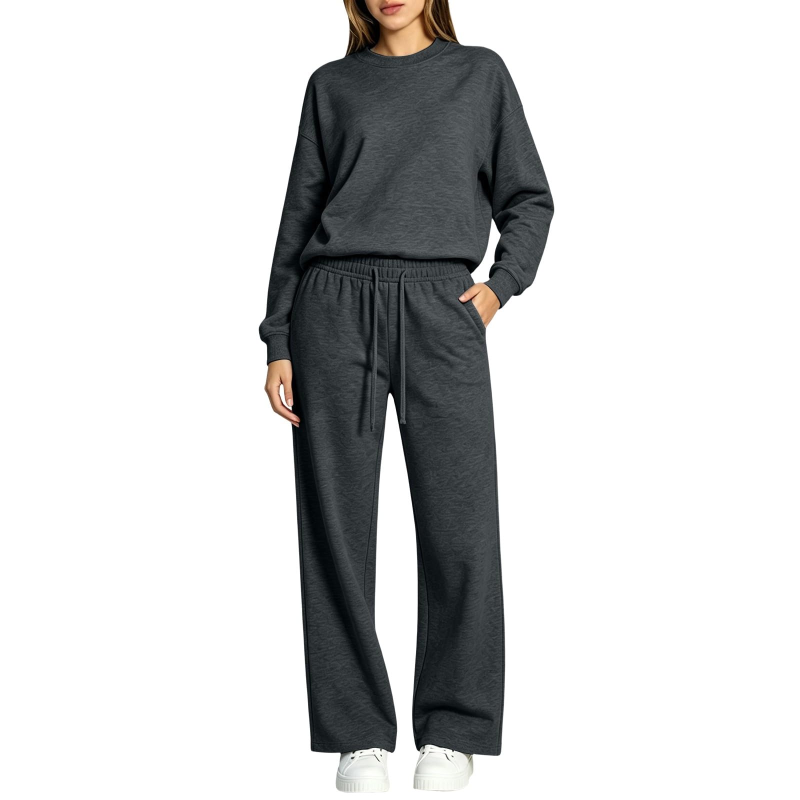 Survêtement de jogging pour femme - Survêtement de sport pour femme | Pull à col rond, couleur unie, manches longues, avec cordon de serrage, survêtement ample et décontracté