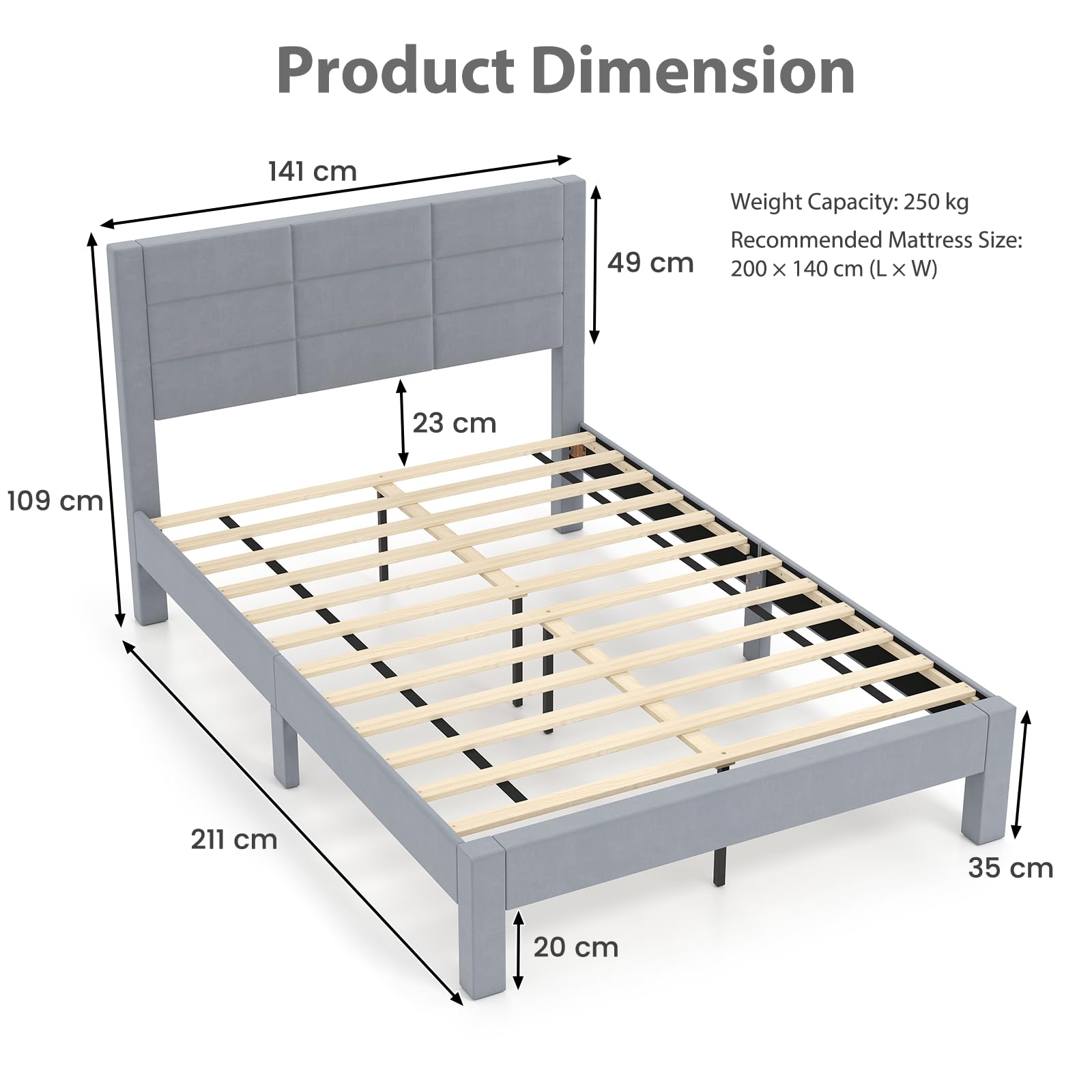 LIFEZEAL Estructura de Cama de 140 x 200 cm, Tapizada de Tela con Cabecero, Cama Tapizada con Somier, Marco de Cama Doble para Adultos y Jóvenes (211 x 141 x 109 cm)