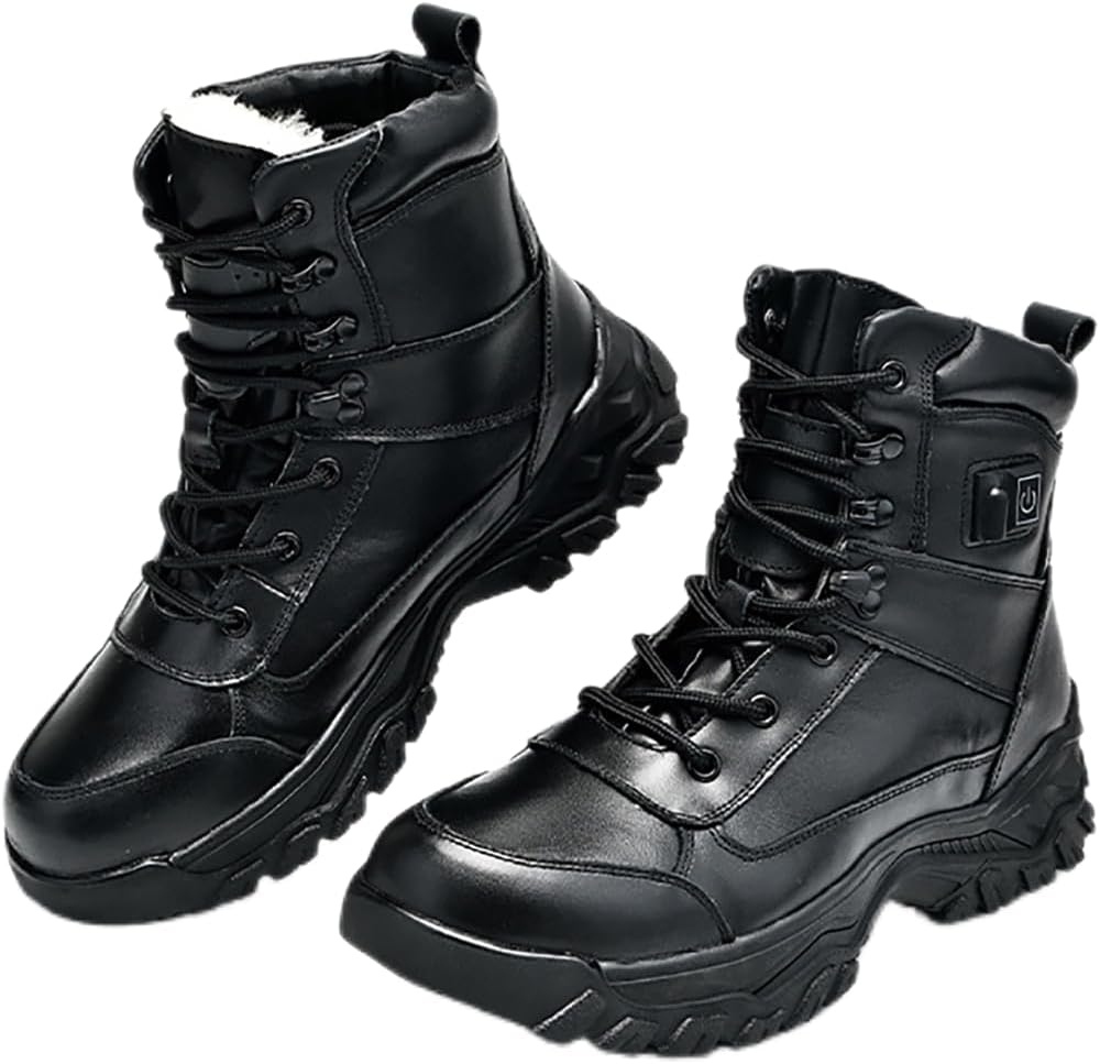 Heated Shoes 5000Ah Rechargeable 3 Level Setting Electric Heated Snow Boots Cow Grain Leather Wool Lining Outdoor Winter Foot Warmers