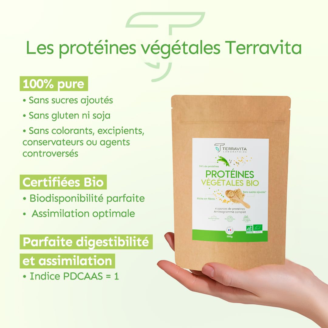 Protéines Végétales BIO | 4 Sources : Aminogramme Complet | Idéale en Shaker ou Recette | Mélange Onctueux sans Grumeaux | 500g Goût Neutre | Sans Excipients & Vegan | Made in France | Terravita