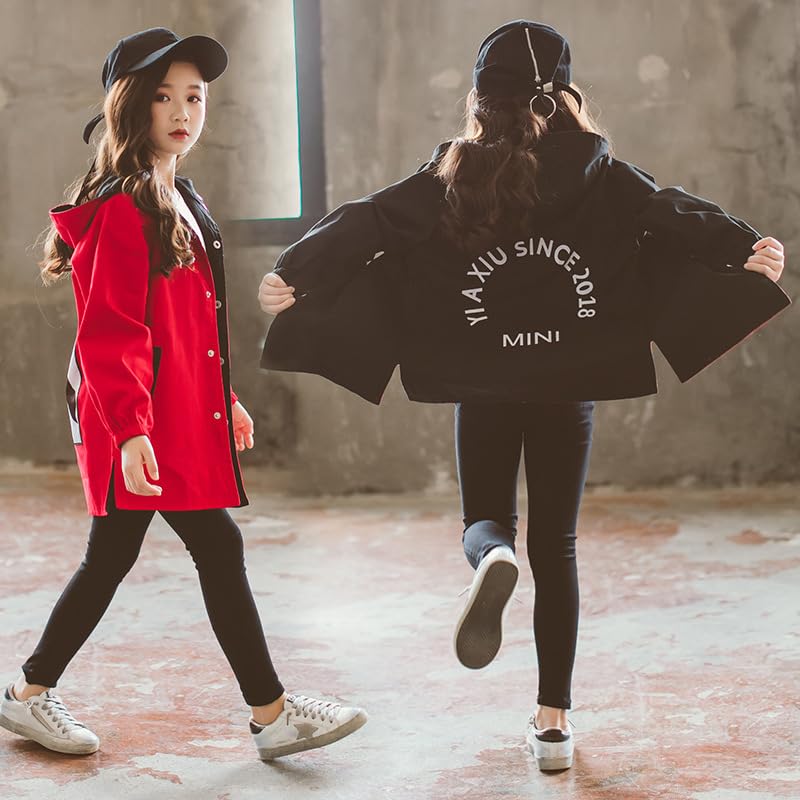 Girls Hooded Trench Coat Lightweight Jacket Lapel Button Down Jacket Color Block Windbreaker3