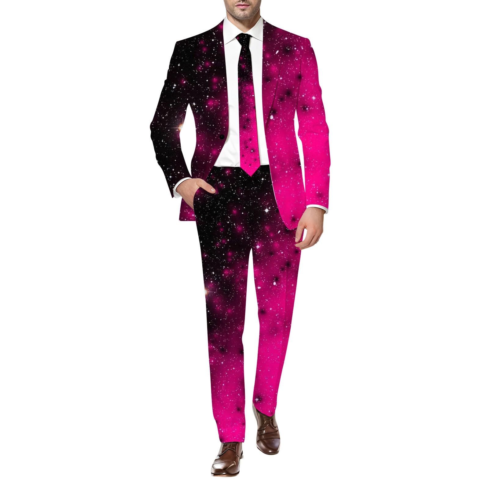 Glitzer Anzug Set Herren Karneval Kostüm Pailletten Blazer und Hose Zweiteiliges Party Anzugjacke und Anzughose 3D Digital Druck Slim fit Outfit Glänzende Sakko Herrenanzug Faschingkostüm Pink