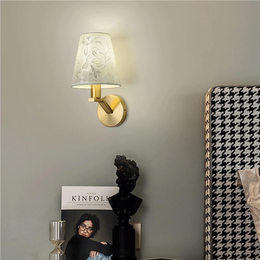 Lámpara de Pared Amena de Cobre con Base E14/E12, Pantalla de Tela Creativa, Aplique de Pared Empotrado para Dormitorio, Estudio, Comedor, iluminación de Pared Interior, Ahorro de energía.