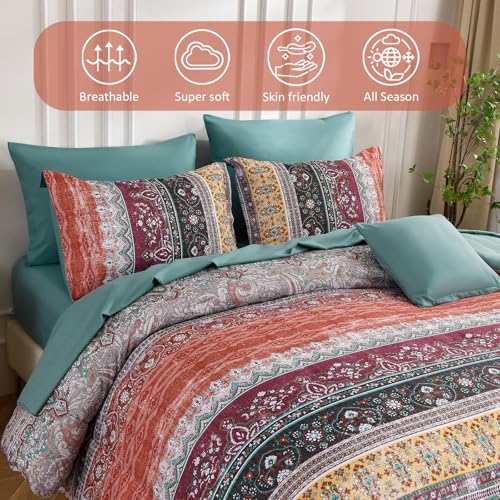 Image of Cottolester Boho Full Comforter Set 8 Pieces,Orange and Green Bohemian Striped Bed in a Bag, Paisley Soft Microfiber Bedding Comforter Set