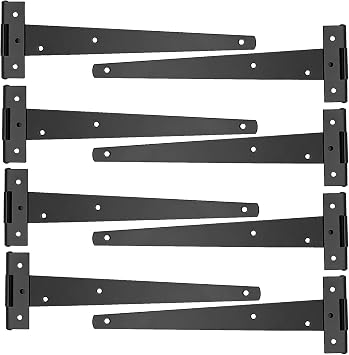 8 Pack T Strap Hinges - 12 Inch, Black Metal Gate & Barn Door Hinges with Screws for Wood, Fence, Garage, Windows