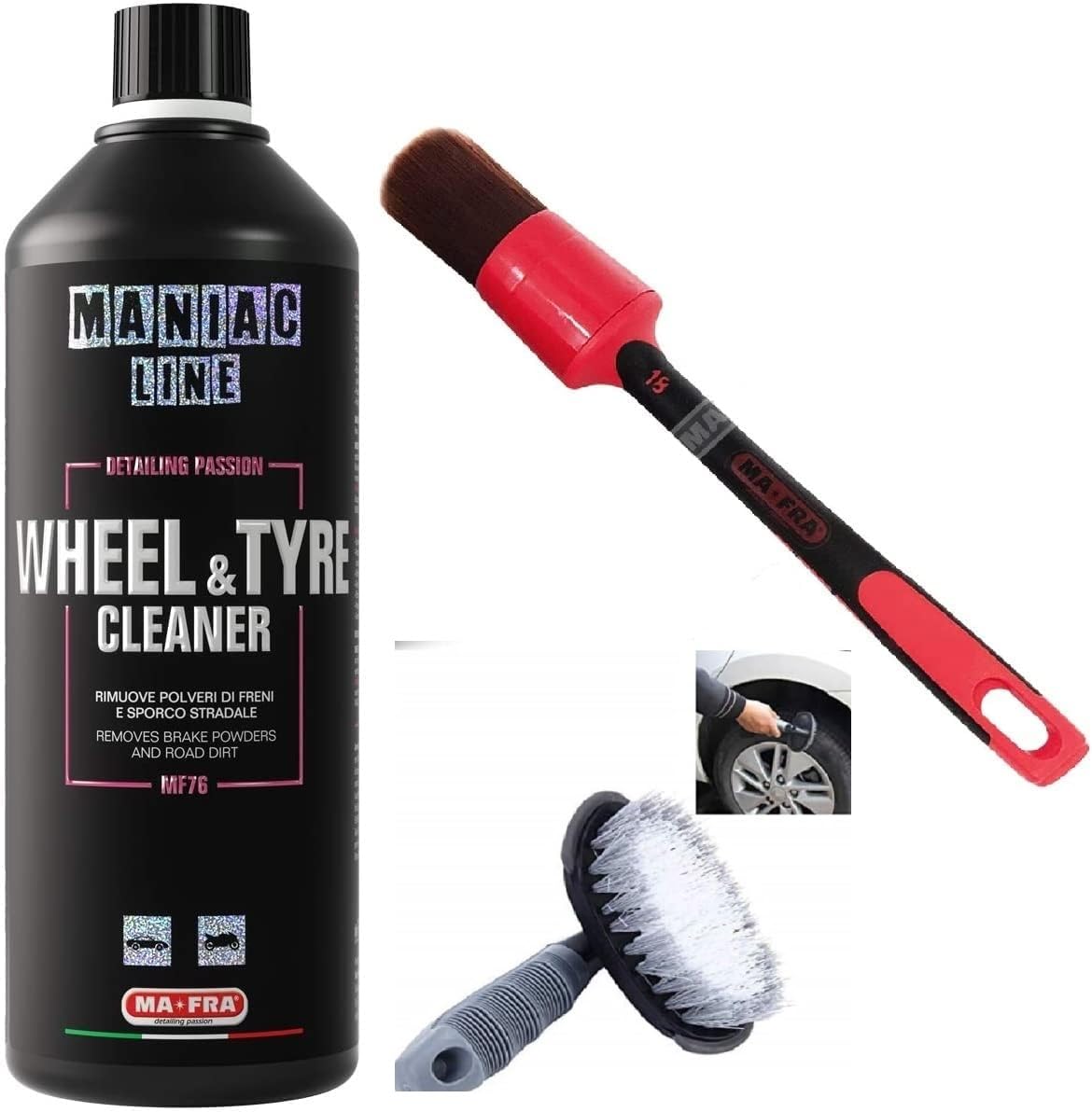 Mafra Ma Fra Maniac Car Detailing Line, Wheel & Tyre Cleaner + Pennello RED 30 mm + Spazzola pulizia pneumatici