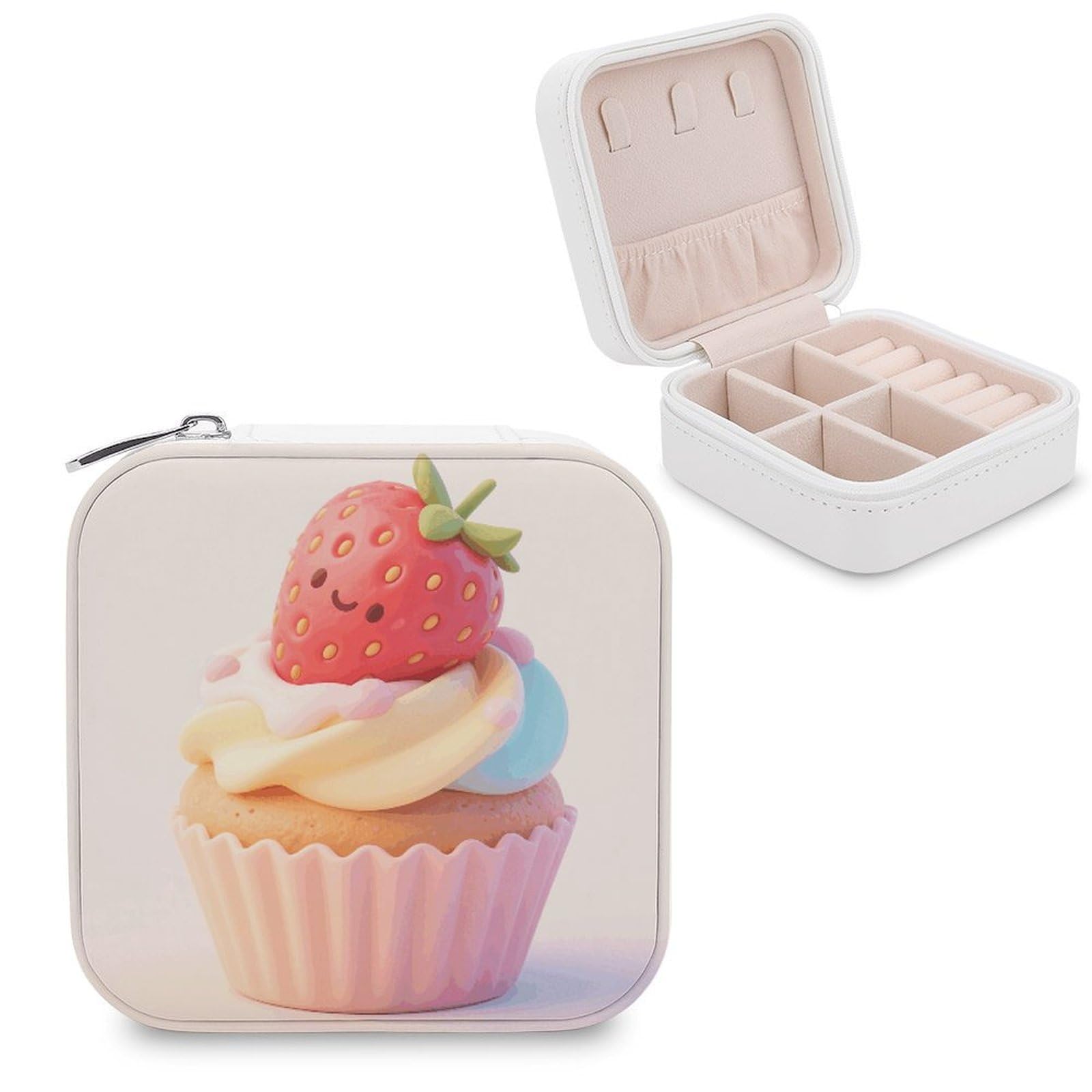VstaDank Cute Strawberry Cupcake Jewelry Box for Women Jewelry Organizer Storage Case with Zipper Mini Travel Jewelry Case Cute Trinket Organizer Leather Portable Jewelry Storage Box