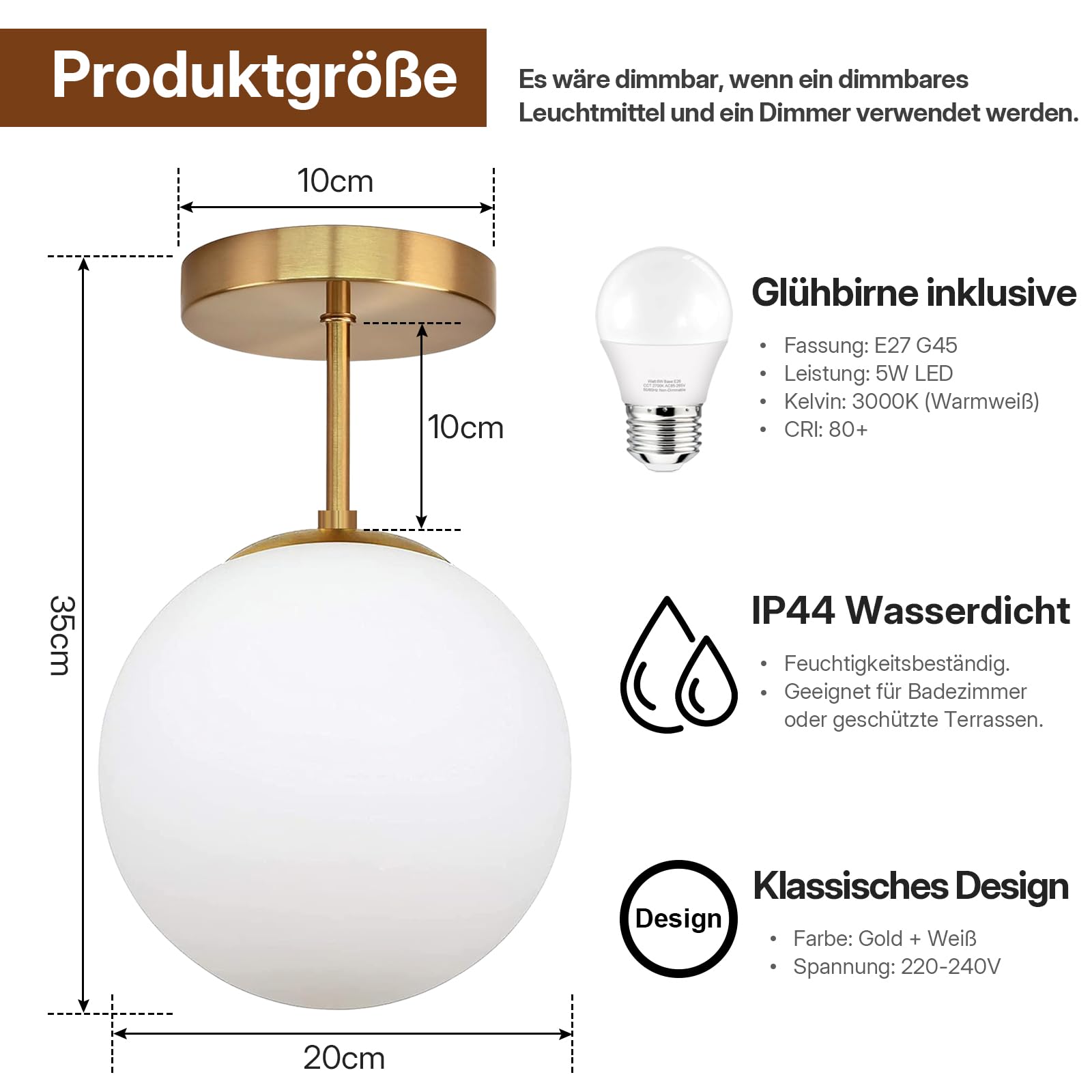 Deckenlampe Gold Vintage, E27 Retro Deckenleuchte Hängend Kugel Glas Weiß | Lampenschirm IP44 Wasserfest Badlampe Decken Hängelampe für Wohnzimmer Schlafzimmer Küche Flur, Ø20cm (Inkl. Glühbirne)