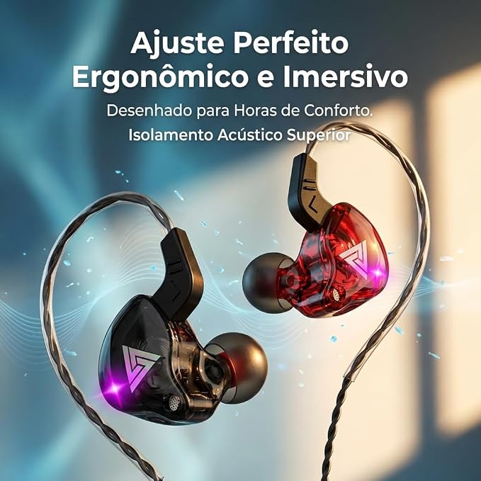 Fone de ouvido QKZ AK6 flutuando com efeito de ondas sonoras ao redor e texto sobre ergonomia e conforto