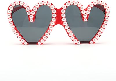 Bullabulling Shiny Heart Shaped Sunglasses Cute Bachelorette Party Trendy Pearl Crystal Eyeglasses (red)