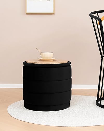 Miniatura 7 de B FSOBEIIALEO Otomana redonda de almacenamiento de terciopelo con bandeja, otomana plegable con mesa auxiliar de almacenamiento, reposapiés para