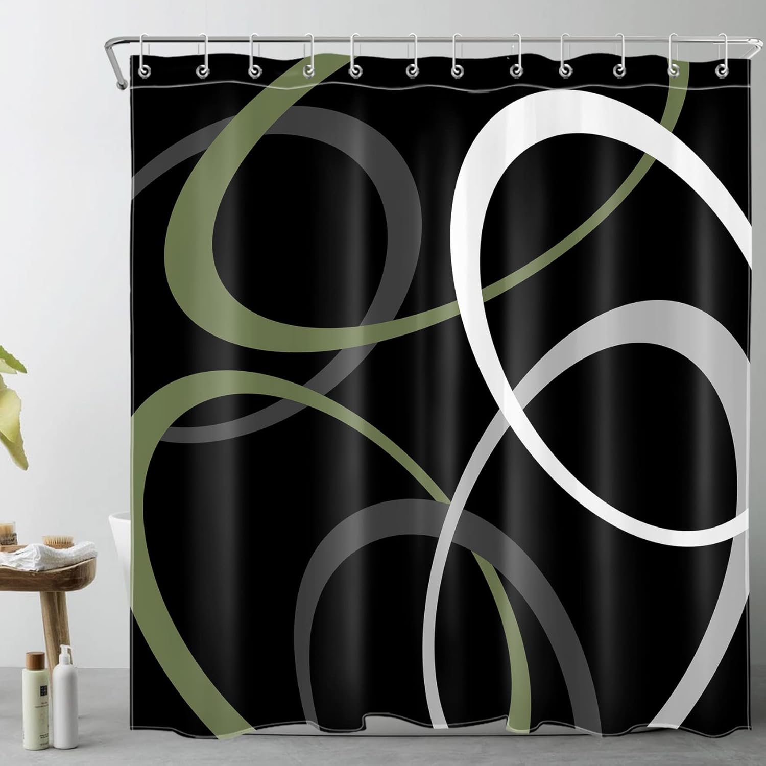 HVEST Green Abstract Shower Curtain for Bathroom, Grey and