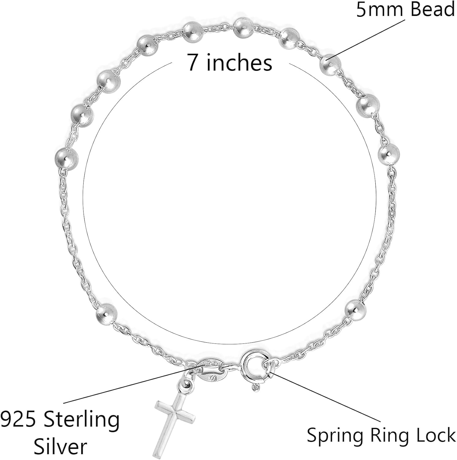 Savlano 925 Sterling Silver Italian Rosary Solid Bead Chain Cross Pendant 7 Inches Bracelet Comes With Gift Box for Women - Made in Italy - Image 2