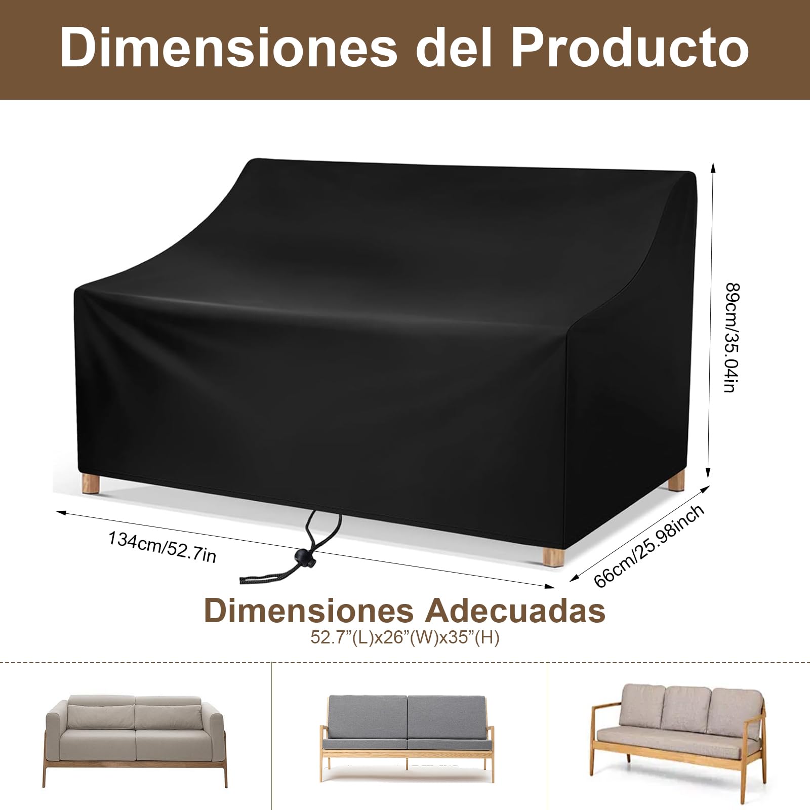 Funda Sofa Exterior Impermeable Negra, Funda Sillas Jardin 2 Plazas, Antiviento E Impermeable Funda Sofa Jardin Exterior, con Cordón Tela Impermeable Exterior(134 X 66 X 69/89 cm)