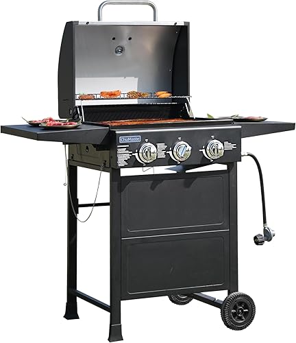 ChuMaste Parrilla de propano de 3 quemadores, parrilla de gas, parrilla de barbacoa de 30000 BTU con estante plegable (mesa reversible) ChuMaste Parrilla de propano de 3 quemadores, parrilla de gas, parrilla de barbacoa de 30000 BTU con estante plegable (mesa reversible)