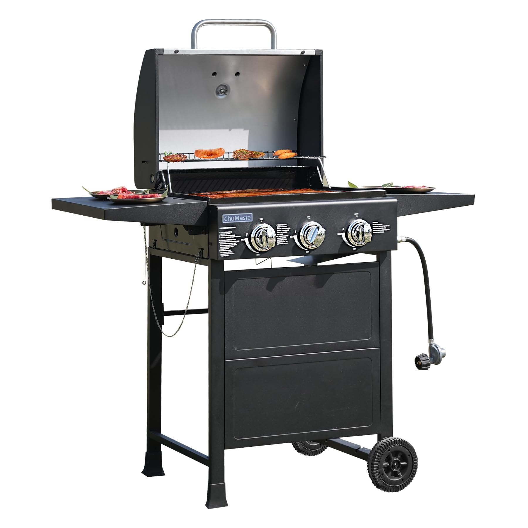 Grill Propane 3 Burner Gas outdoor grills, Bbq with Thermometer, Patio grill For Small gatherings, asadores de gas 30000 BTU. Barbecue grill with Foldable Rack.Propane Gas Grills