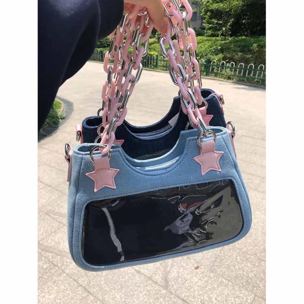 OATSBAS Cute Shoulder Bag Crossbody Bag for Women Y2K Star Patchwork Denim Messenger Handbag for Teen Girls (Light Blue)