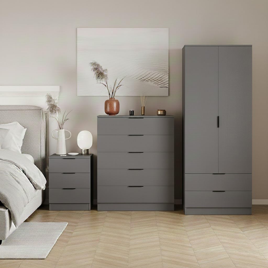 Vida Designs Trega 3 Piece Bedroom Set (3 Drawer Bedside Chest, 5 Drawer Chest, 2 Door 2 Drawer Wardrobe) Grey