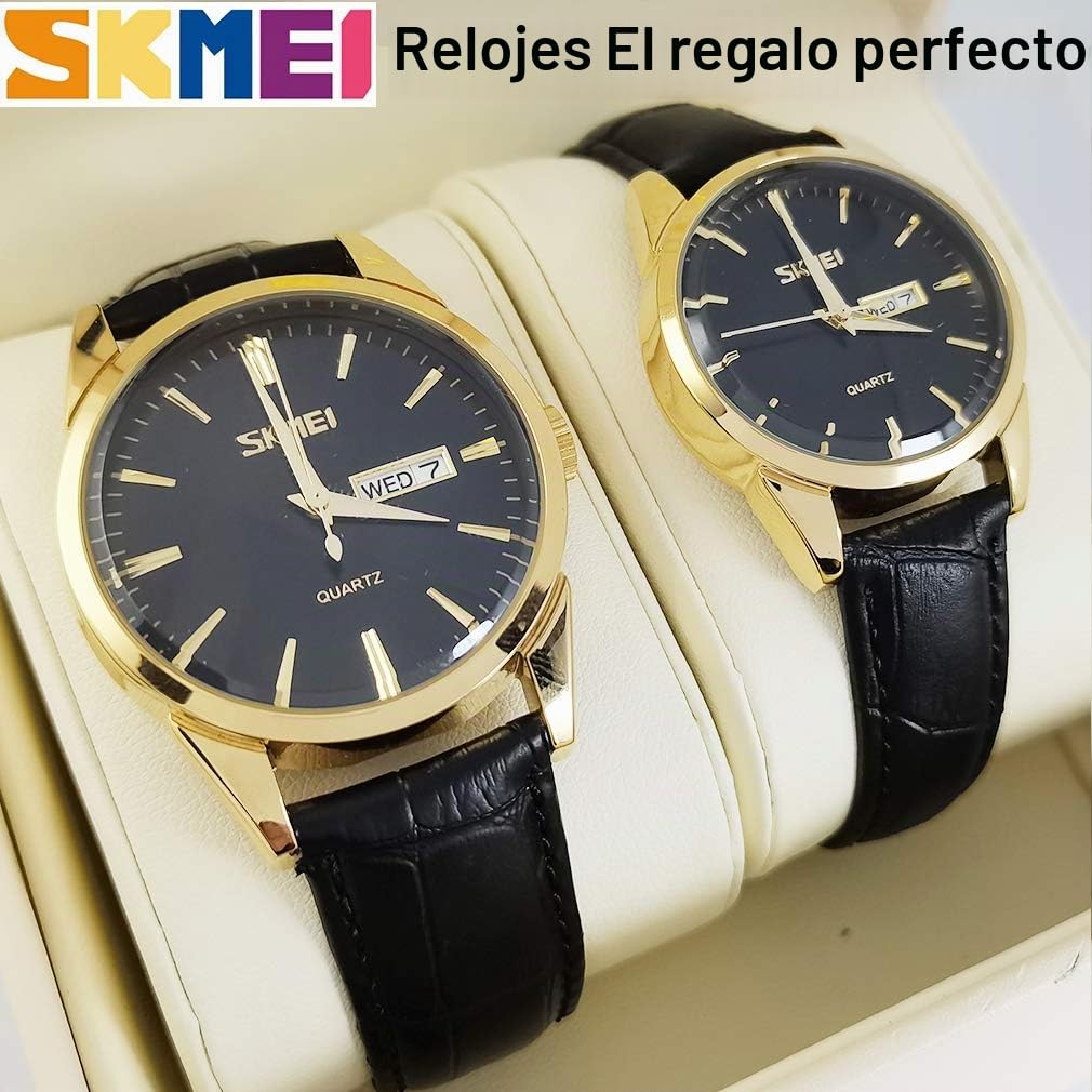 SKMEI Par de relojes para parejas, hombres y mujeres, para él y ella, para marido, esposa, San Valentín, reloj de pulsera a juego, regalo de boda, impermeable, negocios, moda, cuarzo, calendario