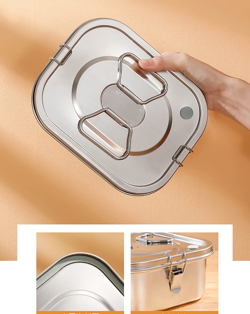 Fiambrera Sellada De Acero Inoxidable, Fiambrera Cuadrada De Doble Capa con 2 Compartimentos, Se Puede Calentar con Horno Microondas Y Cocina De Inducción