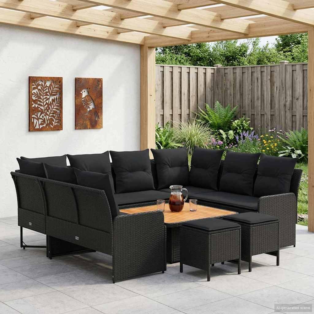 Makastle Salon de Jardin 8 pcs Rotin PE Noir avec Table