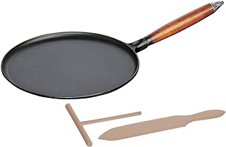 Staub 40509-525-0 pannenkoekenpan, met houten handvat, rond 28 cm, met matzwart geëmailleerd binnenin de pan, inclusief 1 verdeler en 1 spatel, zwart