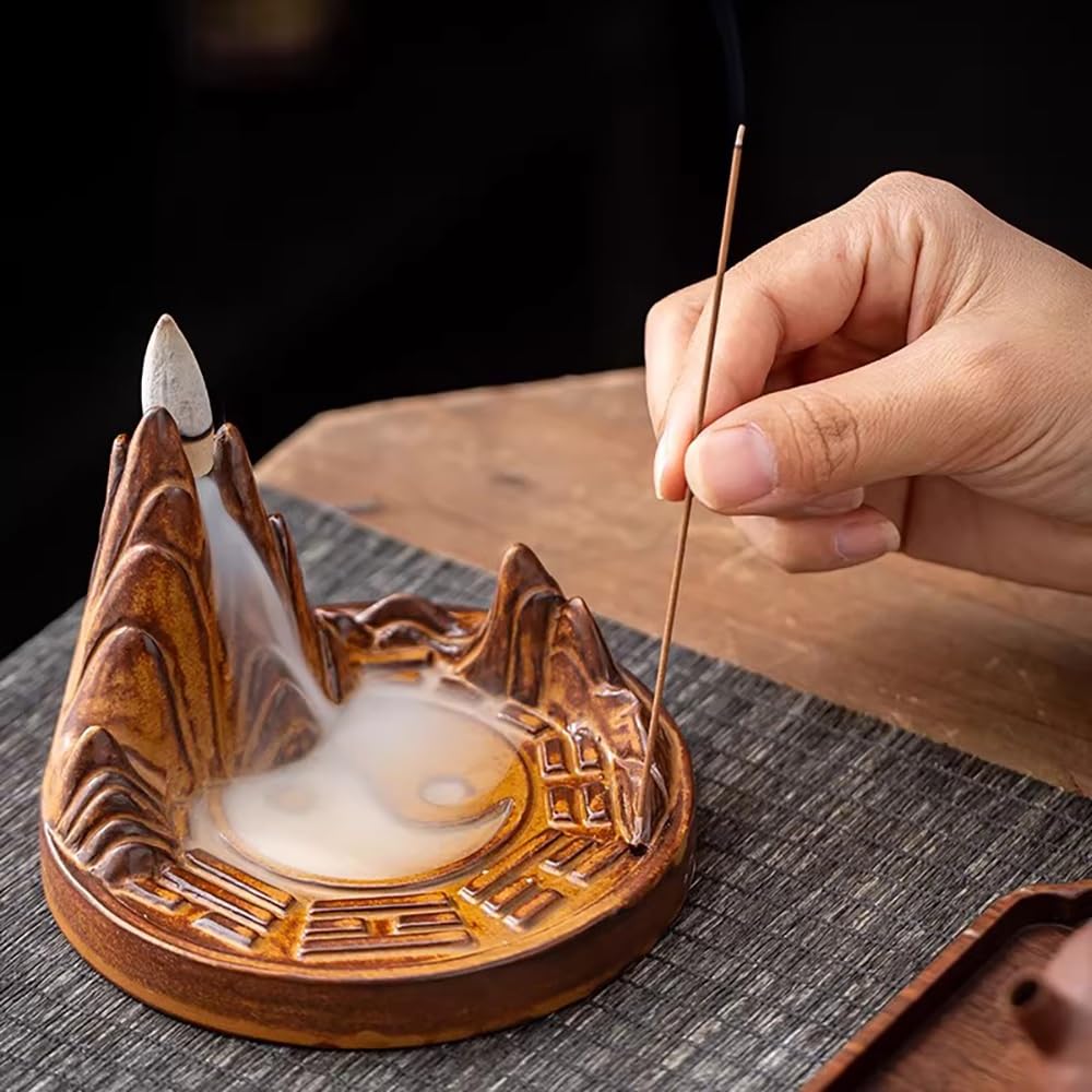Quemador de incienso de cascada, de cerámica china, diagrama de Tai Chi Bagua, protección del hogar, soporte de incienso de alta montaña, quemador de flujo inverso de agua para aromaterapia para