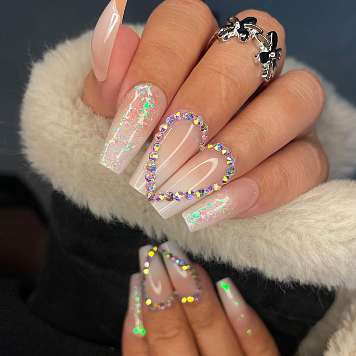 Yivaiks Rhinestone Press on Nails Pink Medium Length Stick on Nails for Women Glitter Artificial Acrylic Press on Fake Nails 24pcs