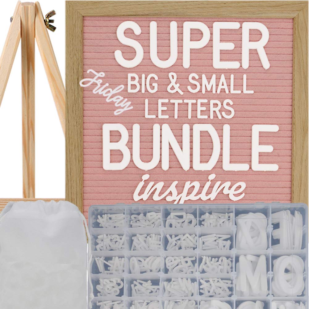 Light Pink Felt Letter Board 10x10 Inches with Letter Organizer + 466 White Pre-cut Letters (3/4’’, 2’’ & cursive). Changeable Letter Board with Stand Letter Case Oak Easel Message Board with Letters