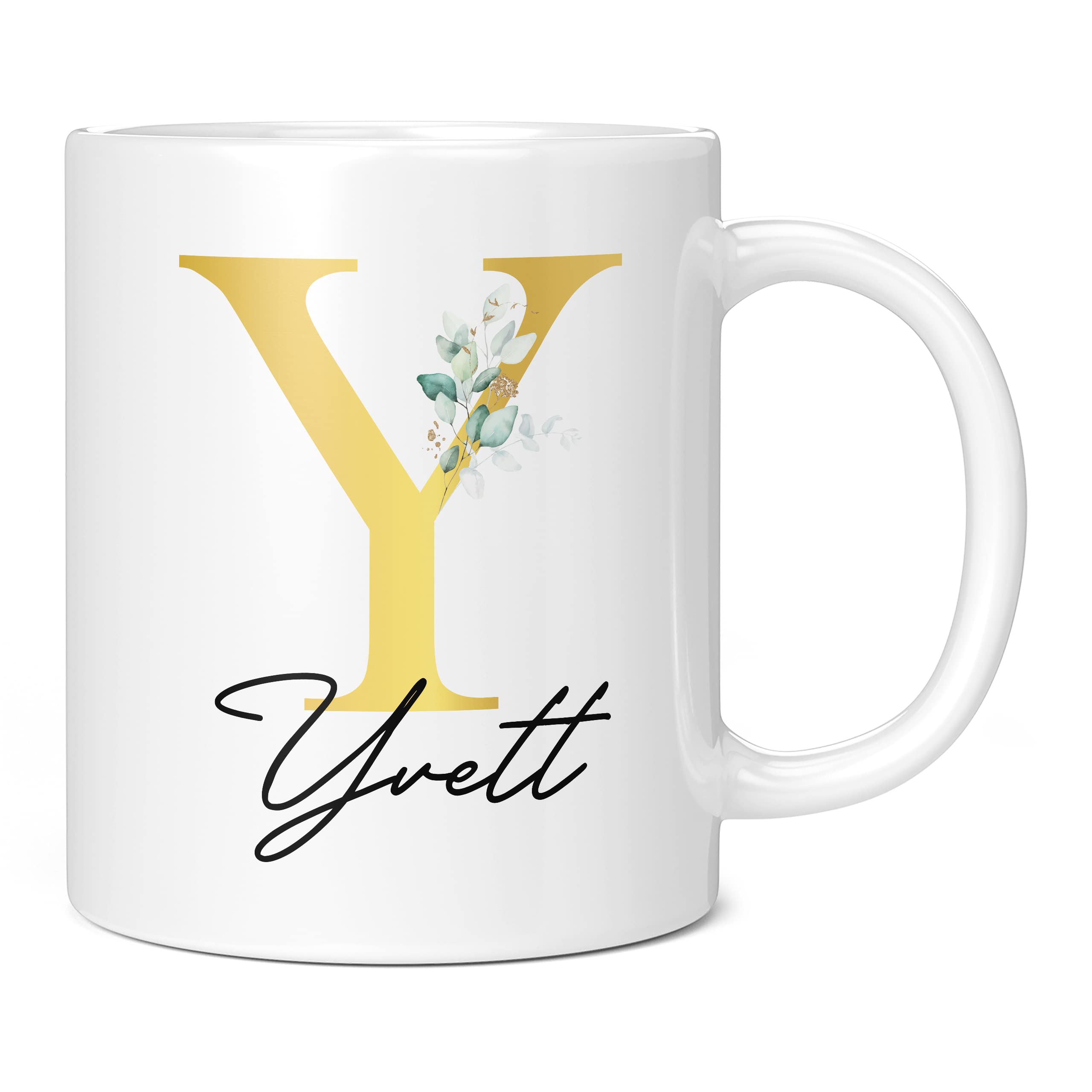 Personalised Letter Y Floral Mug Initial with Name, Customised Gift, Gold Effect Printed Letter, NOT Metallic - Ceramic Coffee Cup for Men or Women, Extra Large and Giant Mug, 11oz White Cup