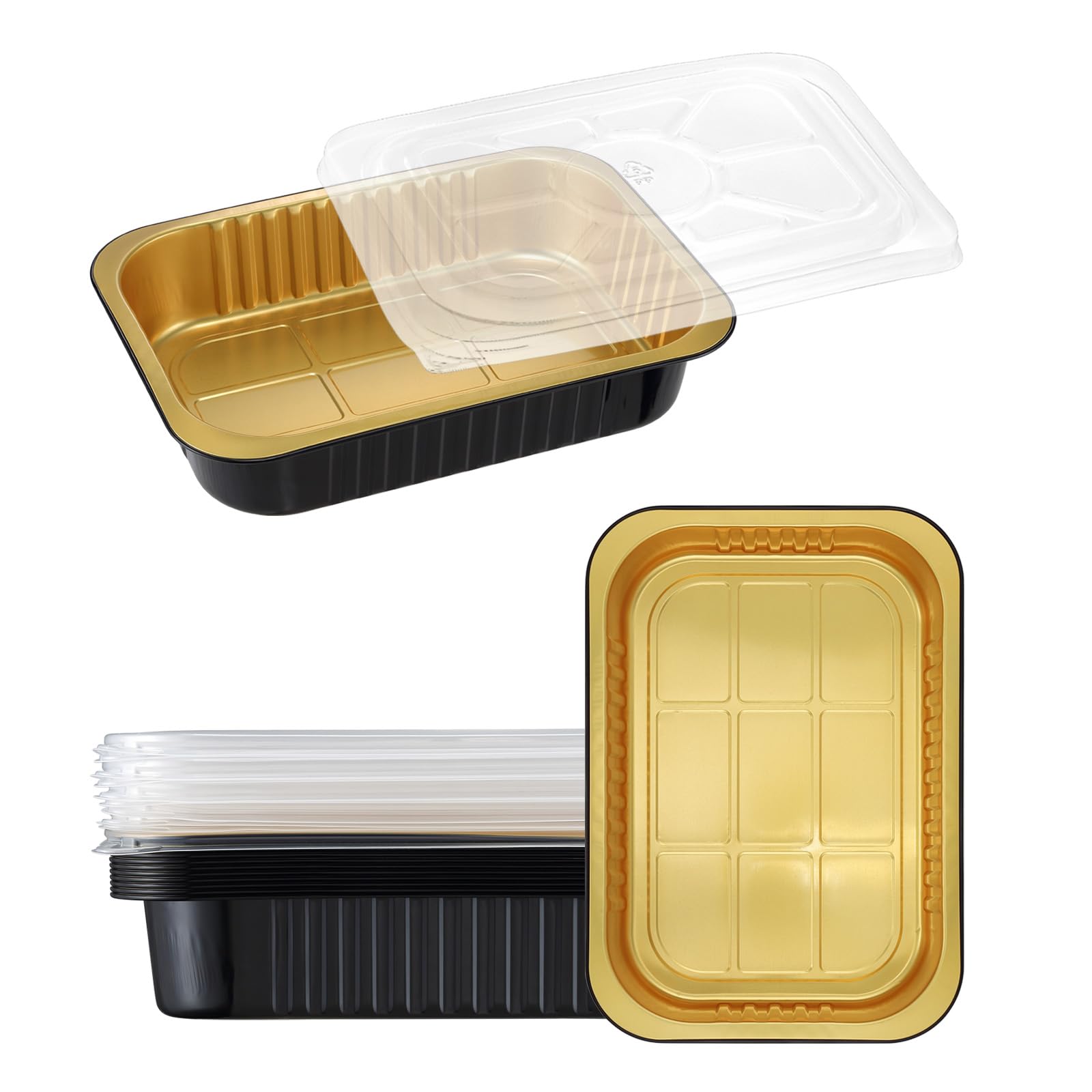 Black & Gold - Moldes desechables de aluminio con tapas, 11 x 7.7 pulgadas, paquete de 10, 2 moldes para hornear más gruesos y resistentes a la grasa para calefacción, catering, preparación de