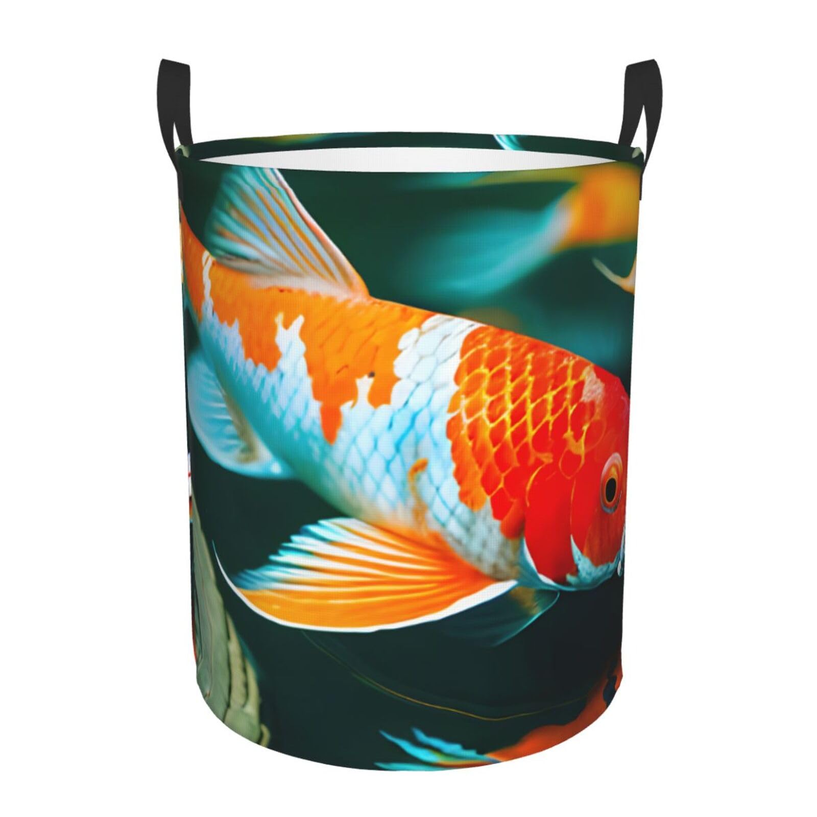 Pretty Koi Fish Print Round Laundry Hamper for Clothes Bedroom Bathroom Collapsible Basket Storage Bin