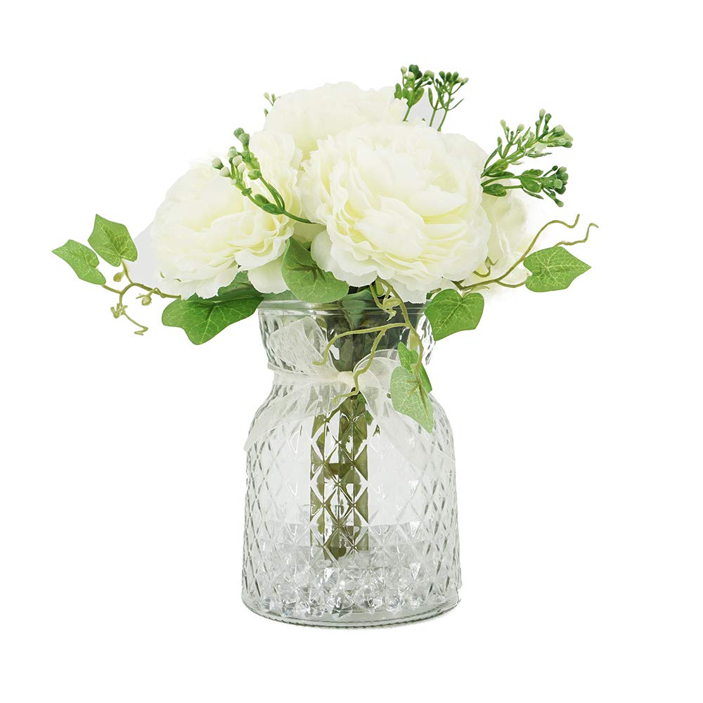 AngraveHome White Carnation Artificial Flower Arrangement In Glass Vase (22cm) Home Decoration