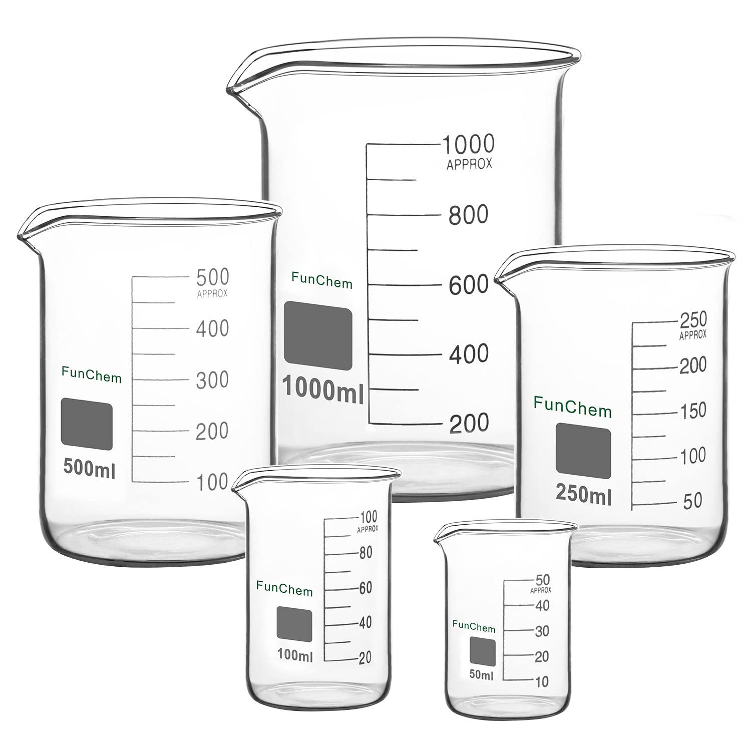 Béchers gradués FunChem avec bec verseur anti-goutte en verre thermique | Lot de 5