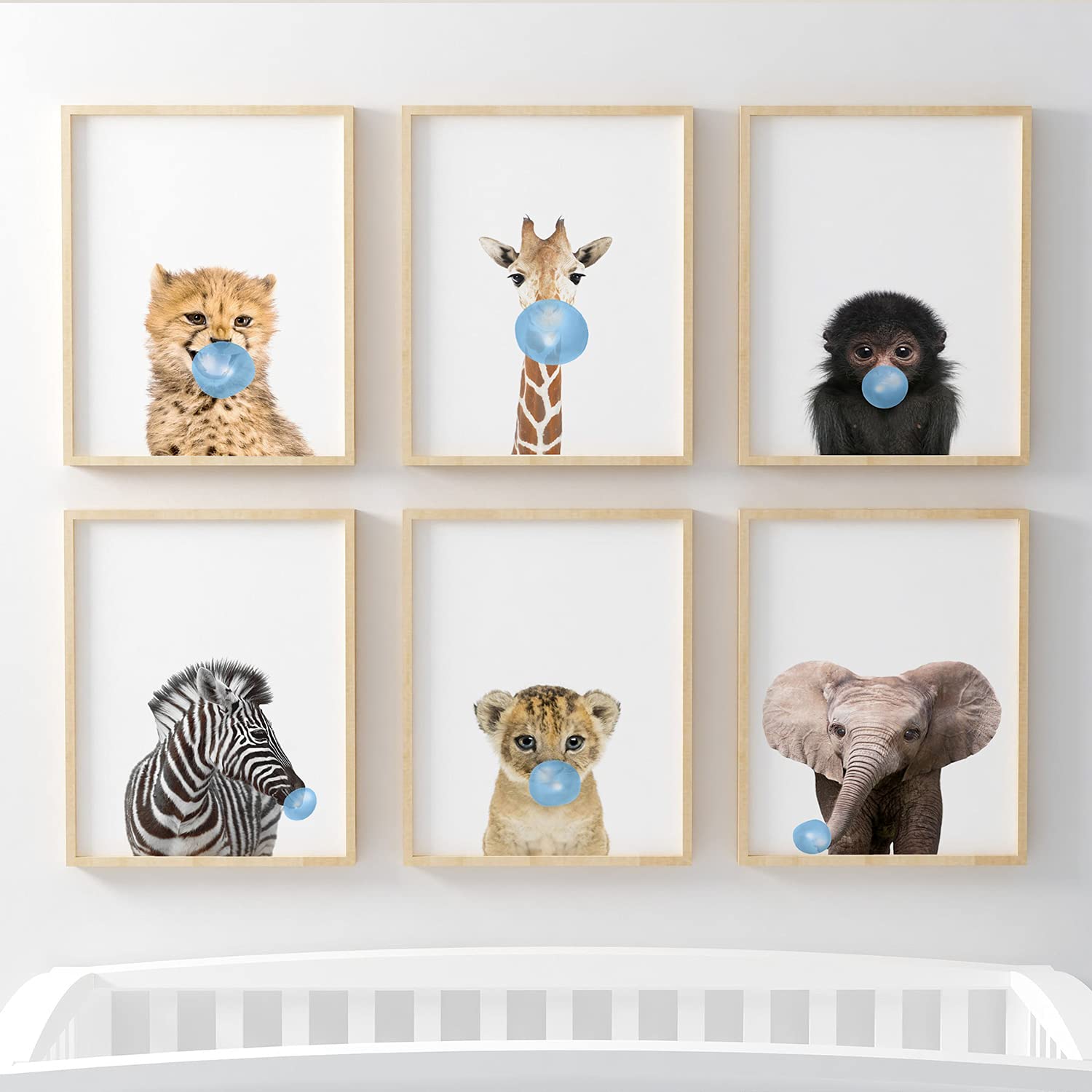 Pompom Prints Blue Bubblegum Jungle Safari Baby Animal Nursery Bedroom Wall Art Picture Prints, Set Of 6 - Elephant, Lion, Monkey, Giraffe, Cheetah, Zebra. Pompom® [Picture Frames Not Included] (A4, )