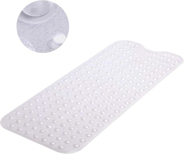 MASS DYNAMIC Non Slip Bath Mat | Extra Long Bath Mat | Machine Washable Shower Mats with Anti Slip Suction Cups | Easy Clean Bathtub Mat with 176 Drain Holes (Transparent Clear)