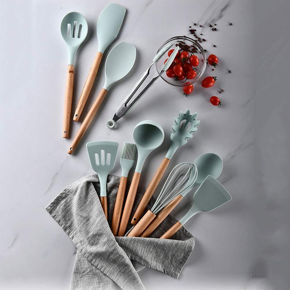 Barils de Stockage d'ustensiles de Cuisine en Silicone avec poignée en Bois Vert Frais Ensemble d'ustensiles de Cuisine spatule antiadhésive 11 pièces