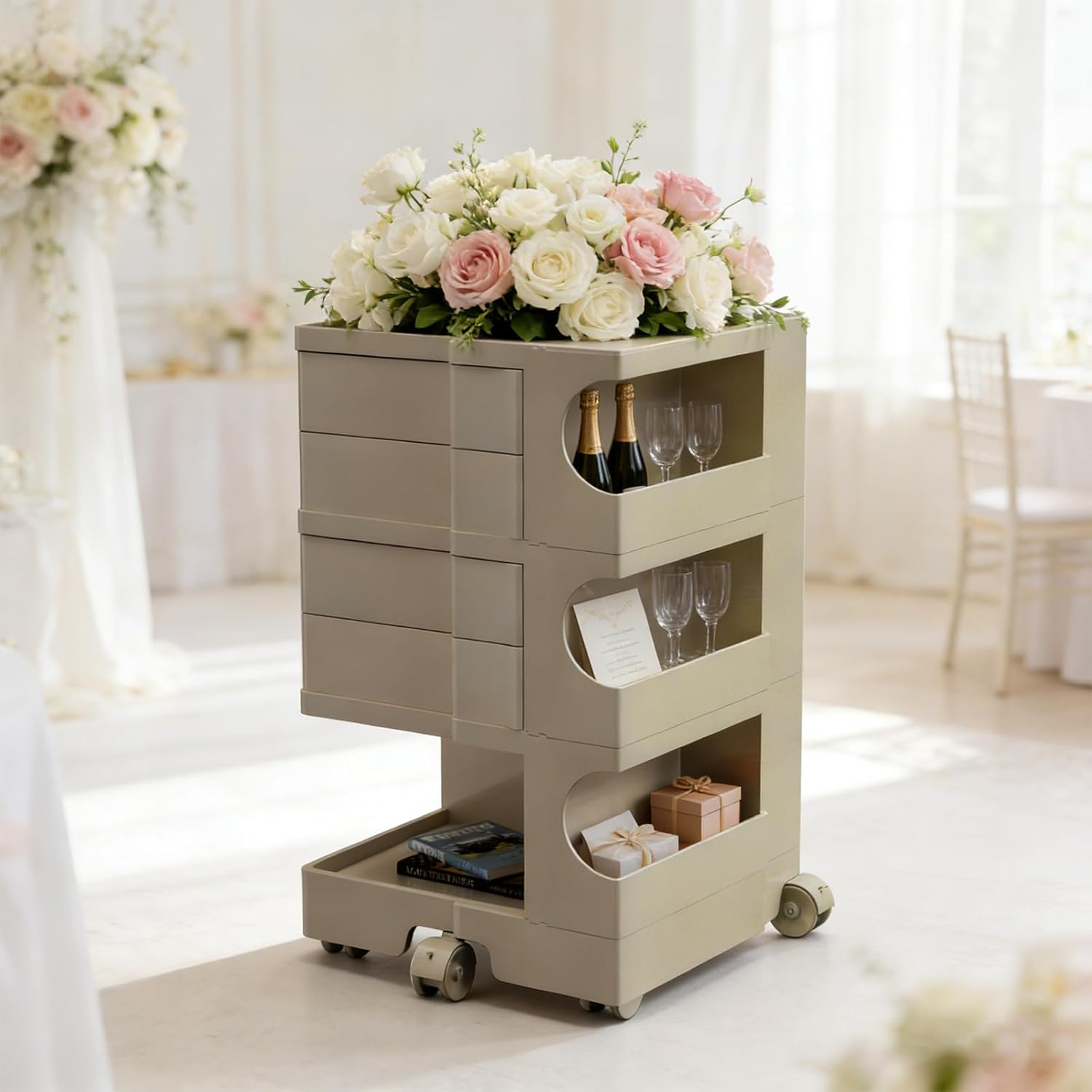 Mobile Storage Cart with 4 Drawers, Art Storage Organizer with Multi-Layer Sorage, Portable Caddy Storage Cabinet Trolley for Salon, Kitchen, Living Room, Khaki